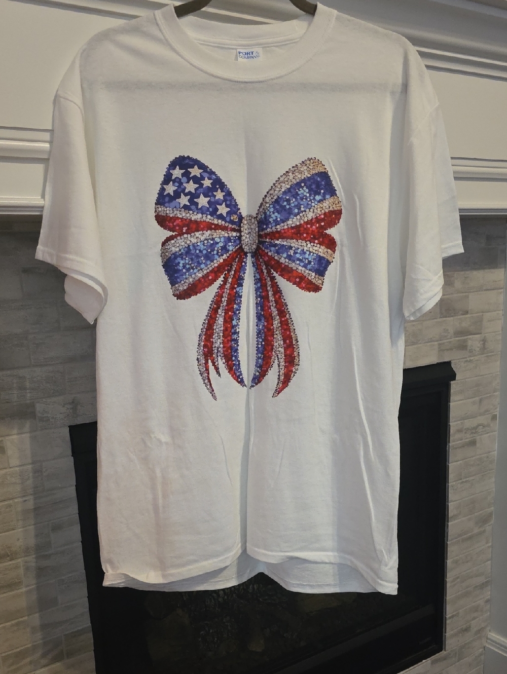 White Women's Tee with American Flag Bow Graphic